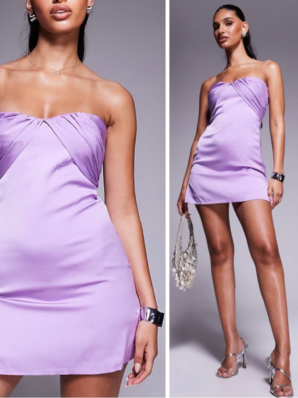 PRINCESS POLLY Trena satin bandeau ruched bust detail mini dress in lilac Sz. 0